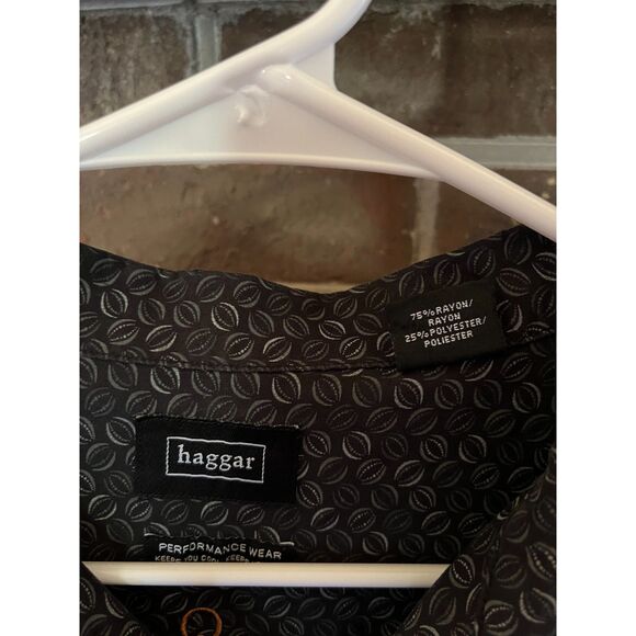 Haggar Performance Wear Men’s Large Button Up Black Geometric Print Shirt - Picture 3 of 8